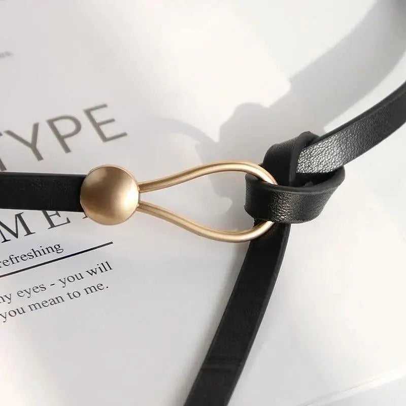 Elegant Leather Adjustable Thin Belt For Women Unique Black Design Ladies Belt High Quality Charming Waistbands For Dress