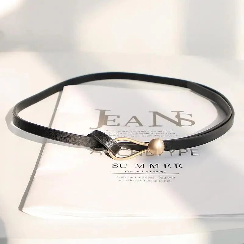 Elegant Leather Adjustable Thin Belt For Women Unique Black Design Ladies Belt High Quality Charming Waistbands For Dress