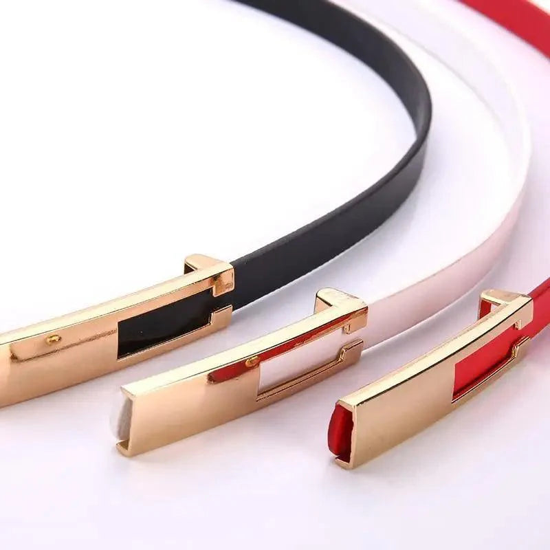 Elegant Leather Adjustable Thin Belt For Women Unique Black Design Ladies Belt High Quality Charming Waistbands For Dress