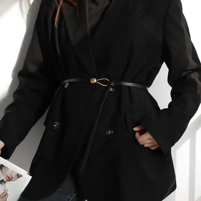 Elegant Leather Adjustable Thin Belt For Women Unique Black Design Ladies Belt High Quality Charming Waistbands For Dress