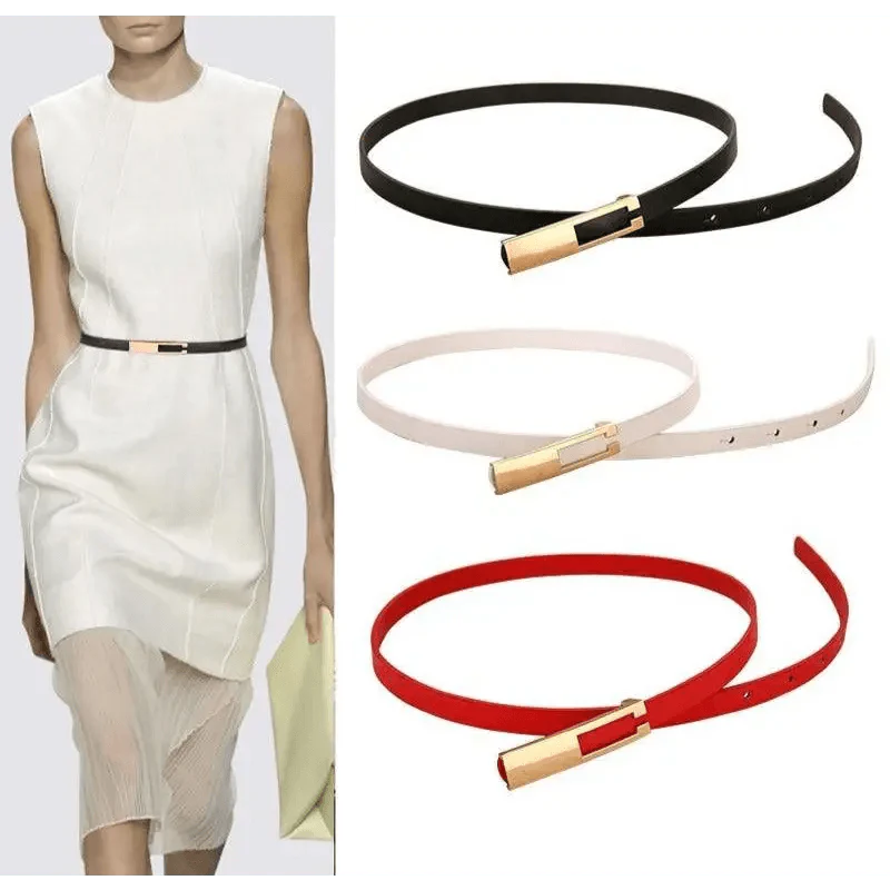 Elegant Leather Adjustable Thin Belt For Women Unique Black Design Ladies Belt High Quality Charming Waistbands For Dress