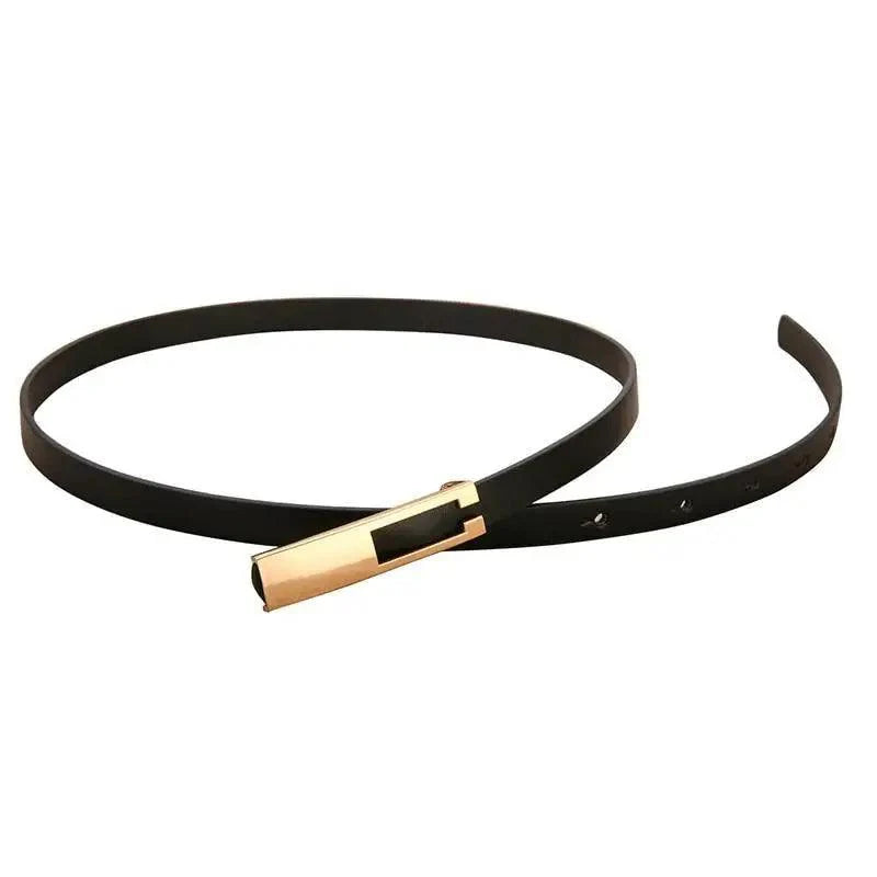 Elegant Leather Adjustable Thin Belt For Women Unique Black Design Ladies Belt High Quality Charming Waistbands For Dress