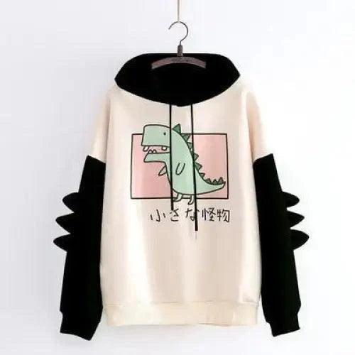 Elegant Oversized Hoodies Women Fashion Splice Dinosaur Print Sweatshirt Tops Casual Long Sleeve Clothes casualSpring Autumn Long Sleeve Dinosaur Sweatshirt Cartoon Design Cute Hoodies for Teens Girls