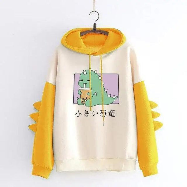 Elegant Oversized Hoodies Women Fashion Splice Dinosaur Print Sweatshirt Tops Casual Long Sleeve Clothes casualSpring Autumn Long Sleeve Dinosaur Sweatshirt Cartoon Design Cute Hoodies for Teens Girls