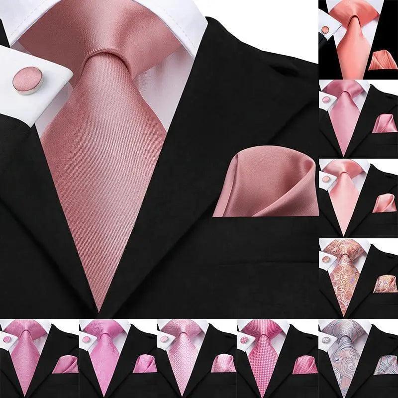 Elegant Pink Silk  Necktie Pocket Square Cufflinks Set Elegant Men's Fashion Wedding Ties For Men And Daily Wear Ties