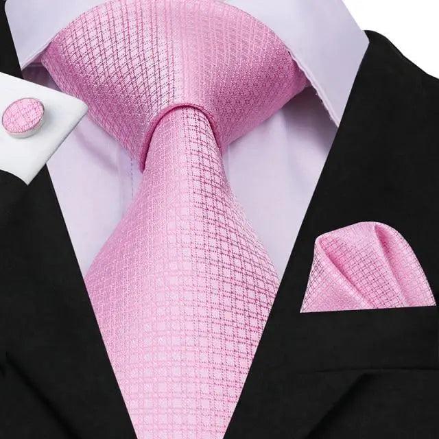 Elegant Pink Silk  Necktie Pocket Square Cufflinks Set Elegant Men's Fashion Wedding Ties For Men And Daily Wear Ties