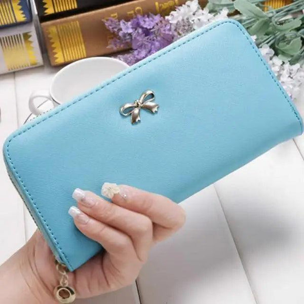 Elegant PU Leather Pink Bowknot Women Long Wallet Fashion Color Purse Phone Card Holder Women Trendy Large Capacity Long Purse