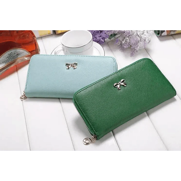 Elegant PU Leather Pink Bowknot Women Long Wallet Fashion Color Purse Phone Card Holder Women Trendy Large Capacity Long Purse