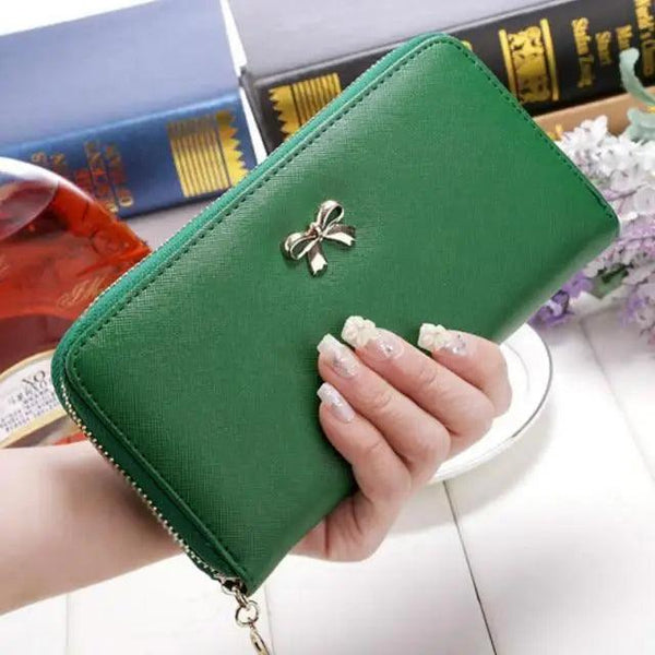 Elegant PU Leather Pink Bowknot Women Long Wallet Fashion Color Purse Phone Card Holder Women Trendy Large Capacity Long Purse