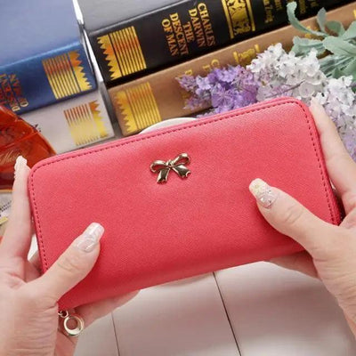 Elegant PU Leather Pink Bowknot Women Long Wallet Fashion Color Purse Phone Card Holder Women Trendy Large Capacity Long Purse