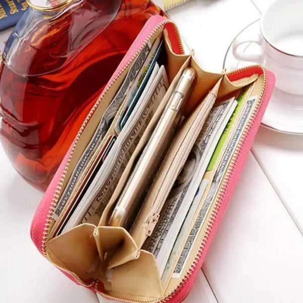 Elegant PU Leather Pink Bowknot Women Long Wallet Fashion Color Purse Phone Card Holder Women Trendy Large Capacity Long Purse