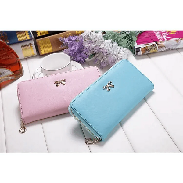 Elegant PU Leather Pink Bowknot Women Long Wallet Fashion Color Purse Phone Card Holder Women Trendy Large Capacity Long Purse