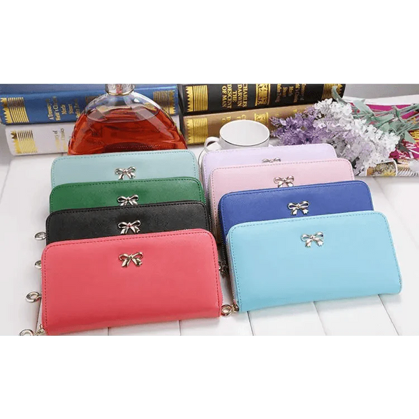 Elegant PU Leather Pink Bowknot Women Long Wallet Fashion Color Purse Phone Card Holder Women Trendy Large Capacity Long Purse