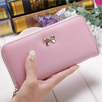 Elegant PU Leather Pink Bowknot Women Long Wallet Fashion Color Purse Phone Card Holder Women Trendy Large Capacity Long Purse