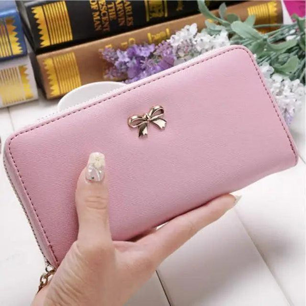 Elegant PU Leather Pink Bowknot Women Long Wallet Fashion Color Purse Phone Card Holder Women Trendy Large Capacity Long Purse