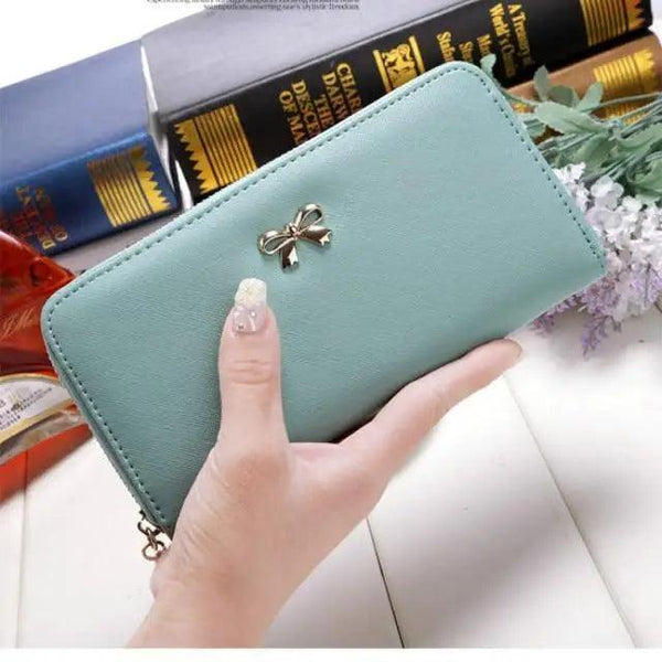 Elegant PU Leather Pink Bowknot Women Long Wallet Fashion Color Purse Phone Card Holder Women Trendy Large Capacity Long Purse