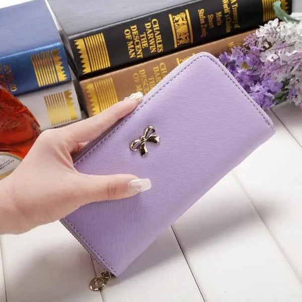 Elegant PU Leather Pink Bowknot Women Long Wallet Fashion Color Purse Phone Card Holder Women Trendy Large Capacity Long Purse