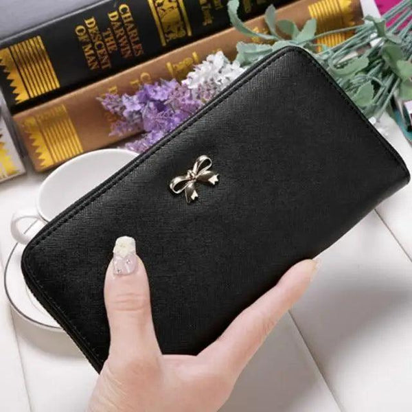 Elegant PU Leather Pink Bowknot Women Long Wallet Fashion Color Purse Phone Card Holder Women Trendy Large Capacity Long Purse
