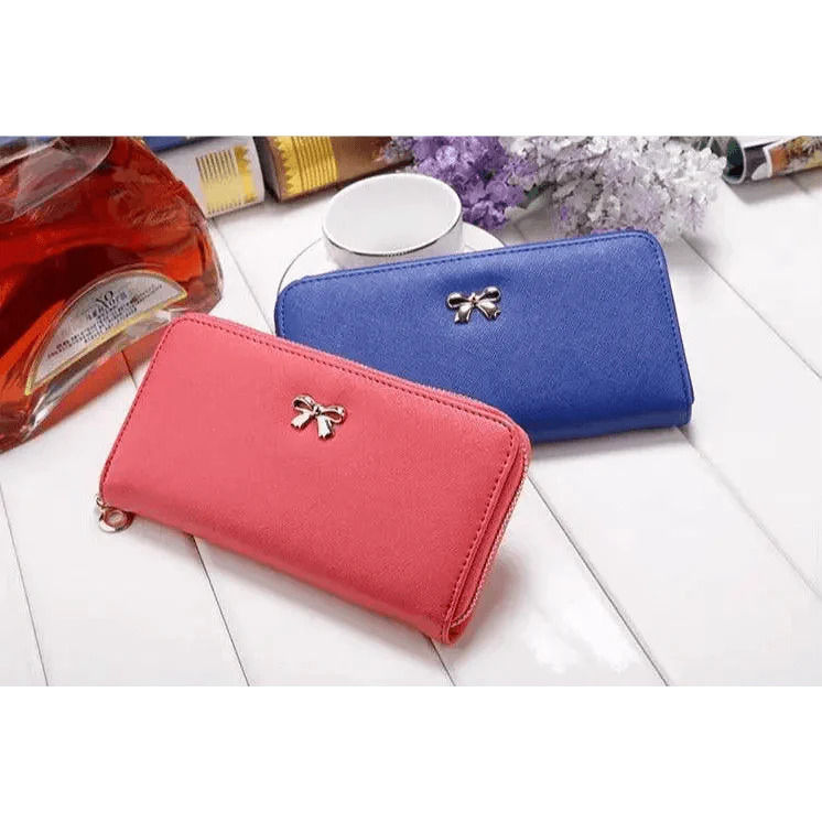 Elegant PU Leather Pink Bowknot Women Long Wallet Fashion Color Purse Phone Card Holder Women Trendy Large Capacity Long Purse