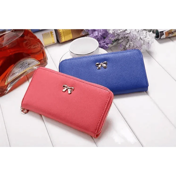 Elegant PU Leather Pink Bowknot Women Long Wallet Fashion Color Purse Phone Card Holder Women Trendy Large Capacity Long Purse
