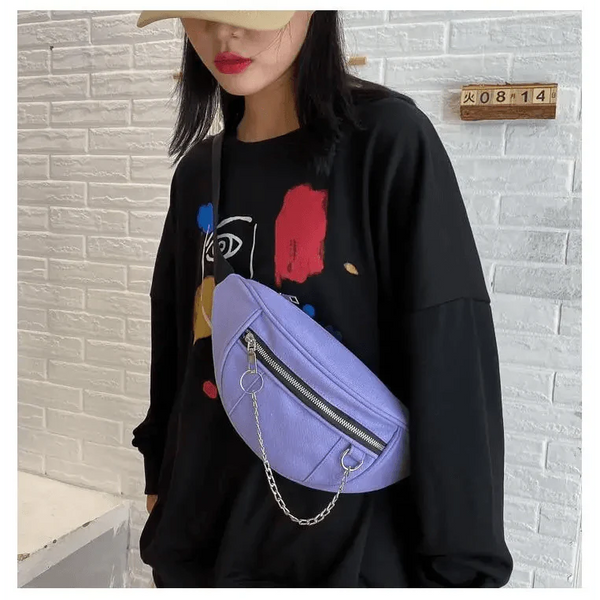 Elegant Purple Ladies Chain Waist Bag Canvas Fanny Pack Luxury Outdoor Chest Bag Phone Purse For Everyday Use