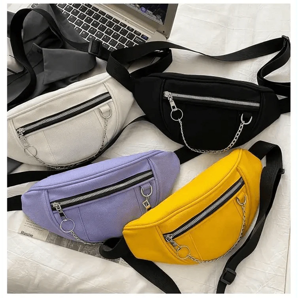Elegant Purple Ladies Chain Waist Bag Canvas Fanny Pack Luxury Outdoor Chest Bag Phone Purse For Everyday Use