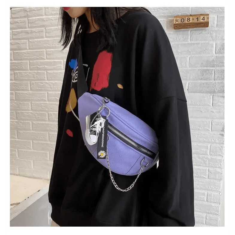 Elegant Purple Ladies Chain Waist Bag Canvas Fanny Pack Luxury Outdoor Chest Bag Phone Purse For Everyday Use