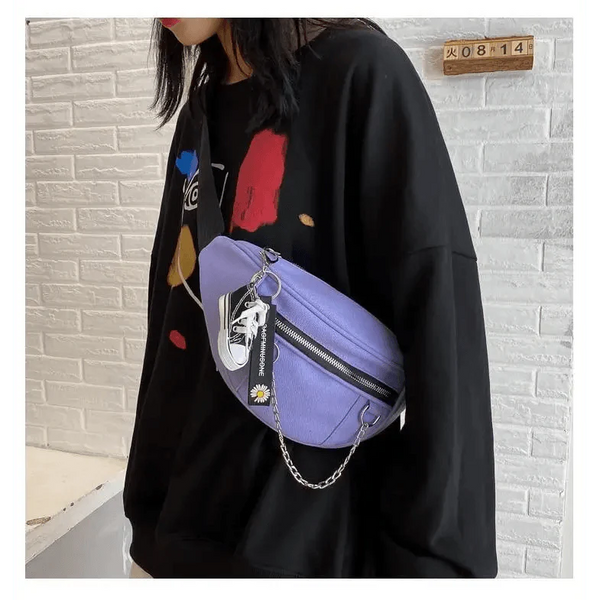 Elegant Purple Ladies Chain Waist Bag Canvas Fanny Pack Luxury Outdoor Chest Bag Phone Purse For Everyday Use