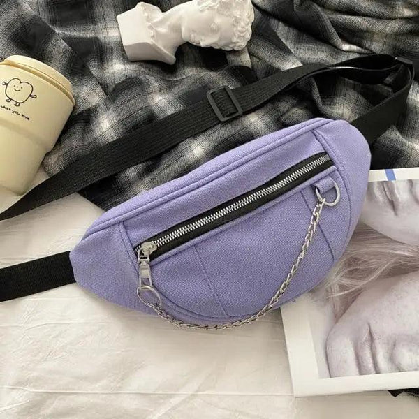 Elegant Purple Ladies Chain Waist Bag Canvas Fanny Pack Luxury Outdoor Chest Bag Phone Purse For Everyday Use