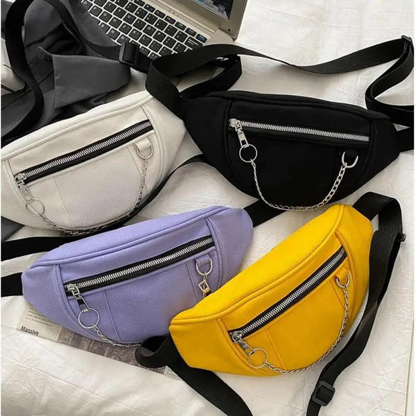 Elegant Purple Ladies Chain Waist Bag Canvas Fanny Pack Luxury Outdoor Chest Bag Phone Purse For Everyday Use