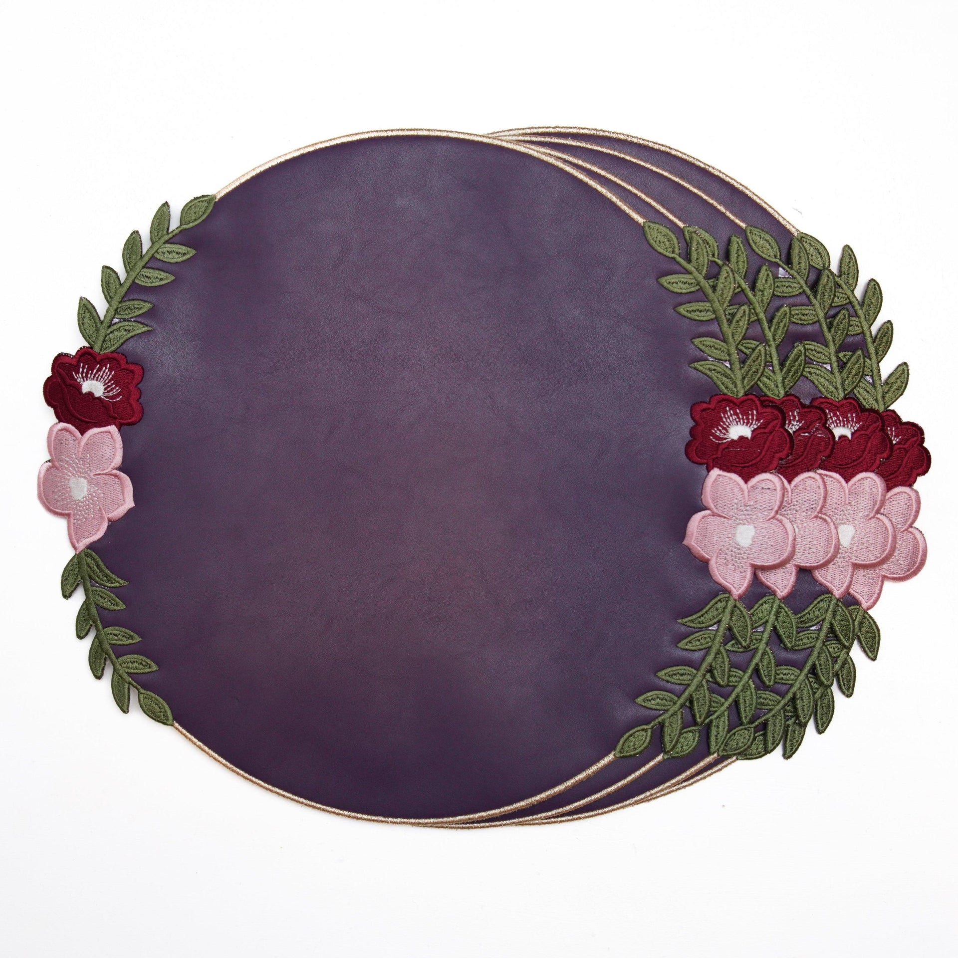 SPRING TABLE DECOR – JASMINE PURPLE ORANGE ROUND FAUX LEATHER PLACEMAT