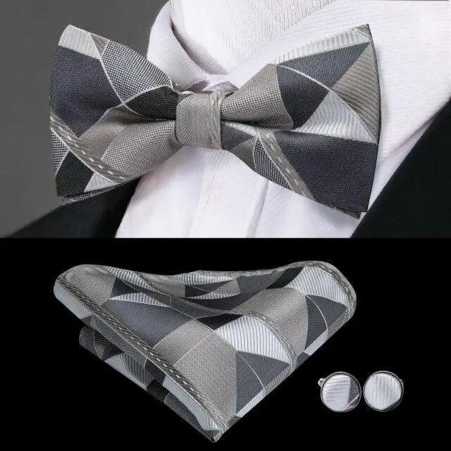 Elegant Silk Butterfly Business Bow Tie Pocket Square Cufflinks Set For Men Formal Wedding Bowtie Set For Office