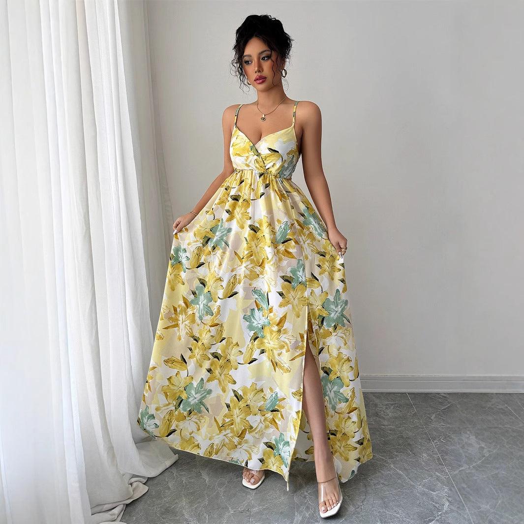 Elegant style suspender printed long skirt dress