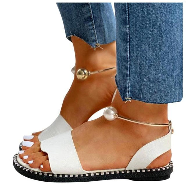 Elegant White Women Fashion Sandals Solid Round Toe Pearl Buckle Casual Sandals Shoes New Summer Outdoor Non-slip Flip Flop Dressy Sandals Cute Round Toe Strappy Wedding Shoes