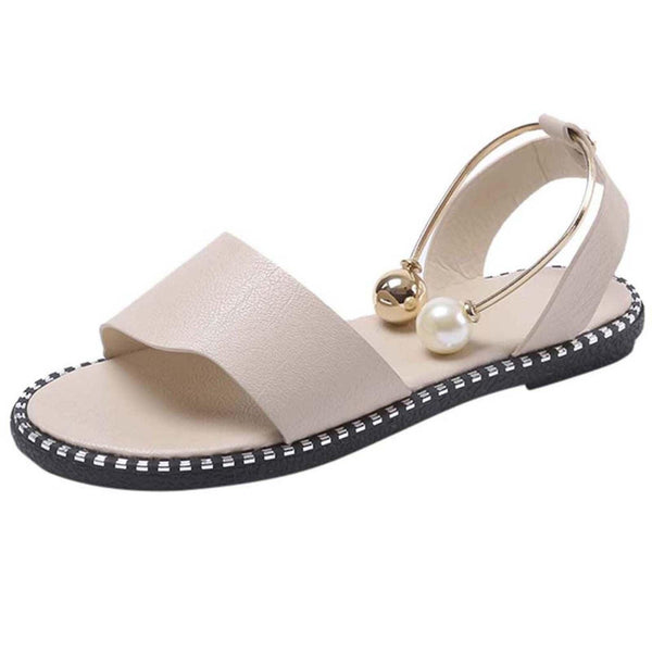 Elegant White Women Fashion Sandals Solid Round Toe Pearl Buckle Casual Sandals Shoes New Summer Outdoor Non-slip Flip Flop Dressy Sandals Cute Round Toe Strappy Wedding Shoes