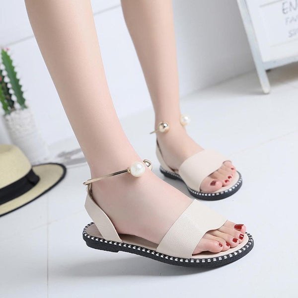 Elegant White Women Fashion Sandals Solid Round Toe Pearl Buckle Casual Sandals Shoes New Summer Outdoor Non-slip Flip Flop Dressy Sandals Cute Round Toe Strappy Wedding Shoes