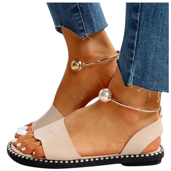 Elegant White Women Fashion Sandals Solid Round Toe Pearl Buckle Casual Sandals Shoes New Summer Outdoor Non-slip Flip Flop Dressy Sandals Cute Round Toe Strappy Wedding Shoes