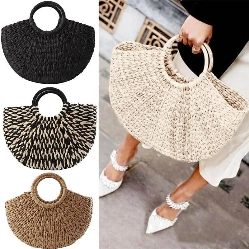 Elehant Women's Woven Wicker Straw Half Round Bag Trendy Large Capacity Female Casual Travel Bag