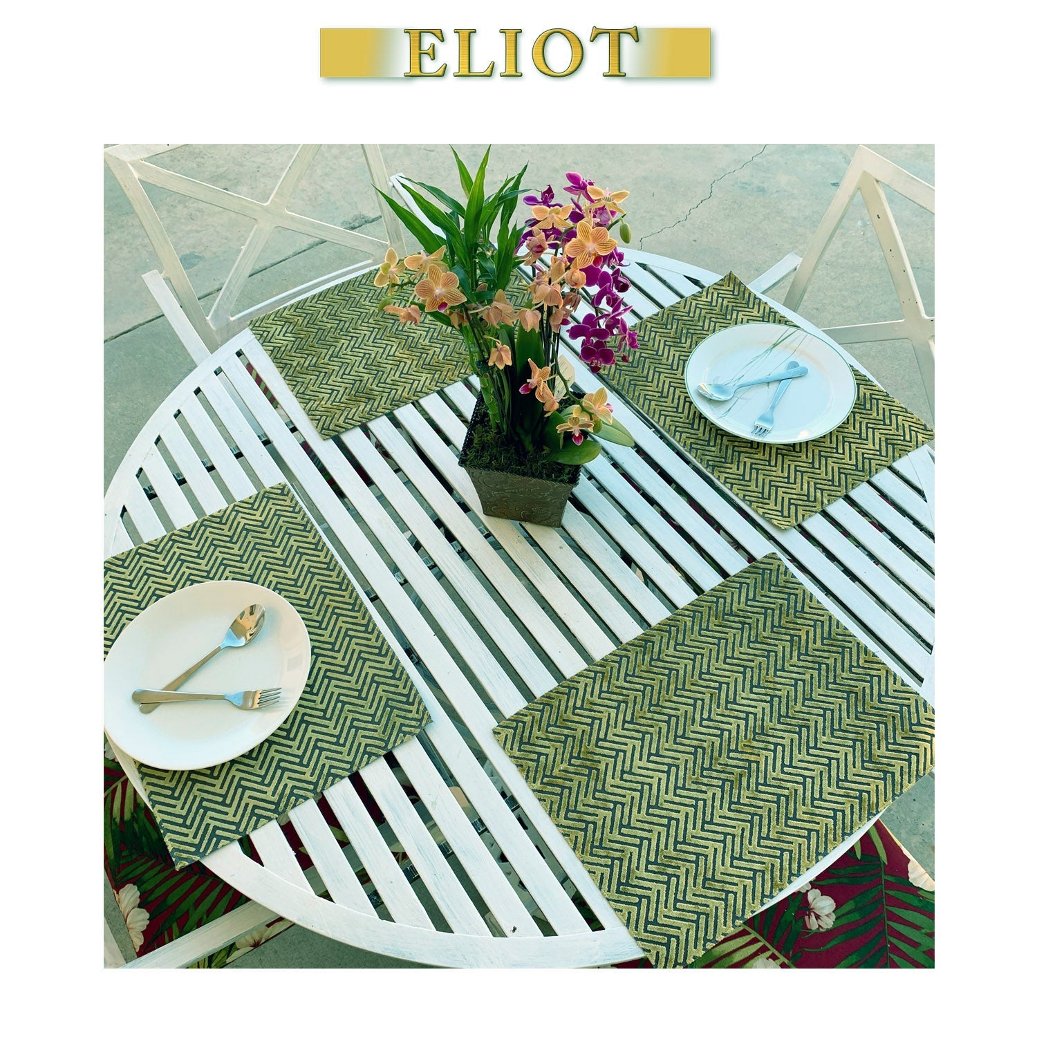Starlet- Pack of 4 Beautiful Geometric Burnout Velvet One-Side Placemats - Color: Palm