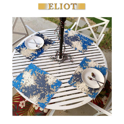 Reef - Pack of 4 Beautiful Cut Velvet One-Side Placemats - Color: Indigo