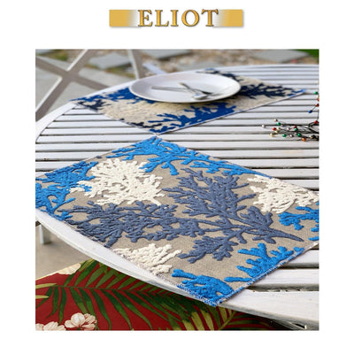Reef - Pack of 4 Beautiful Cut Velvet One-Side Placemats - Color: Indigo