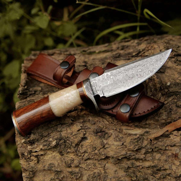 Elite Damascus Hunting Knife with Mother of Pearl & Rose Wood Handle - Gifts for You 'n Me