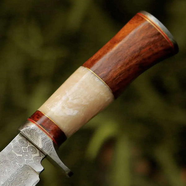 Elite Damascus Hunting Knife with Mother of Pearl & Rose Wood Handle - Gifts for You 'n Me