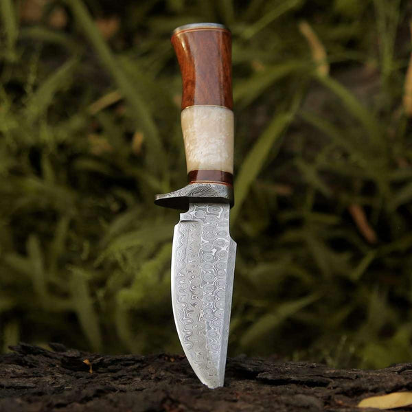 Elite Damascus Hunting Knife with Mother of Pearl & Rose Wood Handle - Gifts for You 'n Me
