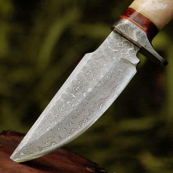 Elite Damascus Hunting Knife with Mother of Pearl & Rose Wood Handle - Gifts for You 'n Me