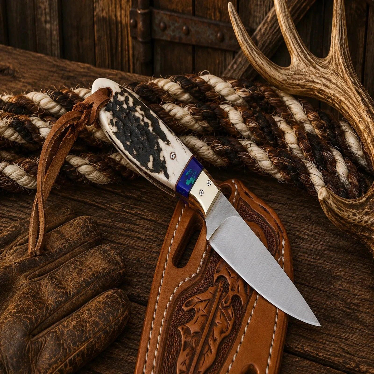 Elk Ridge Buckaroo Knife – D2 Steel Hunting Knife with Floral Pancake Sheath