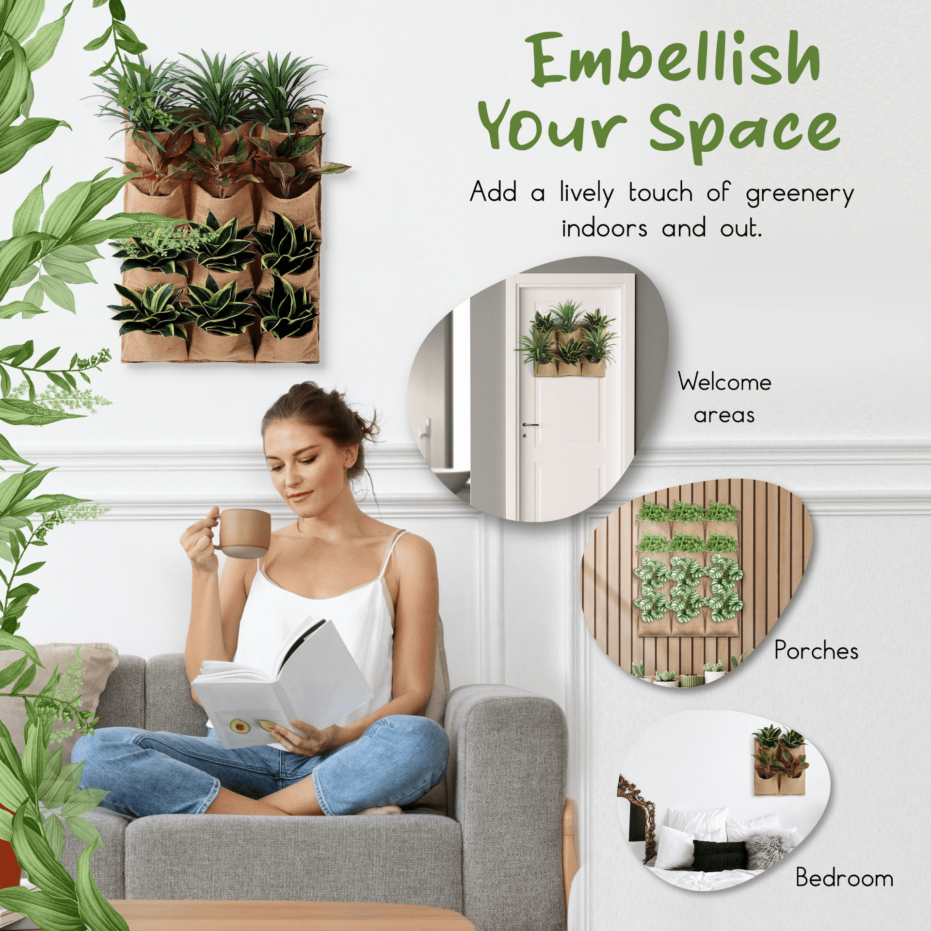 Jute Gardens 4-Pocket Vertical Living Wall Planter – Indoor/Outdoor Eco-Friendly Hanging Garden for Herbs, Flowers & Vegetables