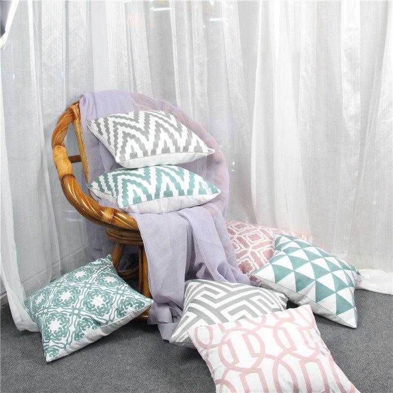 Embroidered Geometric Pillow Cover 100% Cotton Woolen Cushion Cover Modern Nordic Style Pink Blue Pillow Cover For Home Decor Embroidery Cushion Cover Decorative Throw Pillow Cover Geometric Invisible Pillow Cover for Living Room 45X45CM