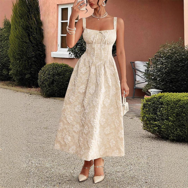 Embroidered suspender waistband dress