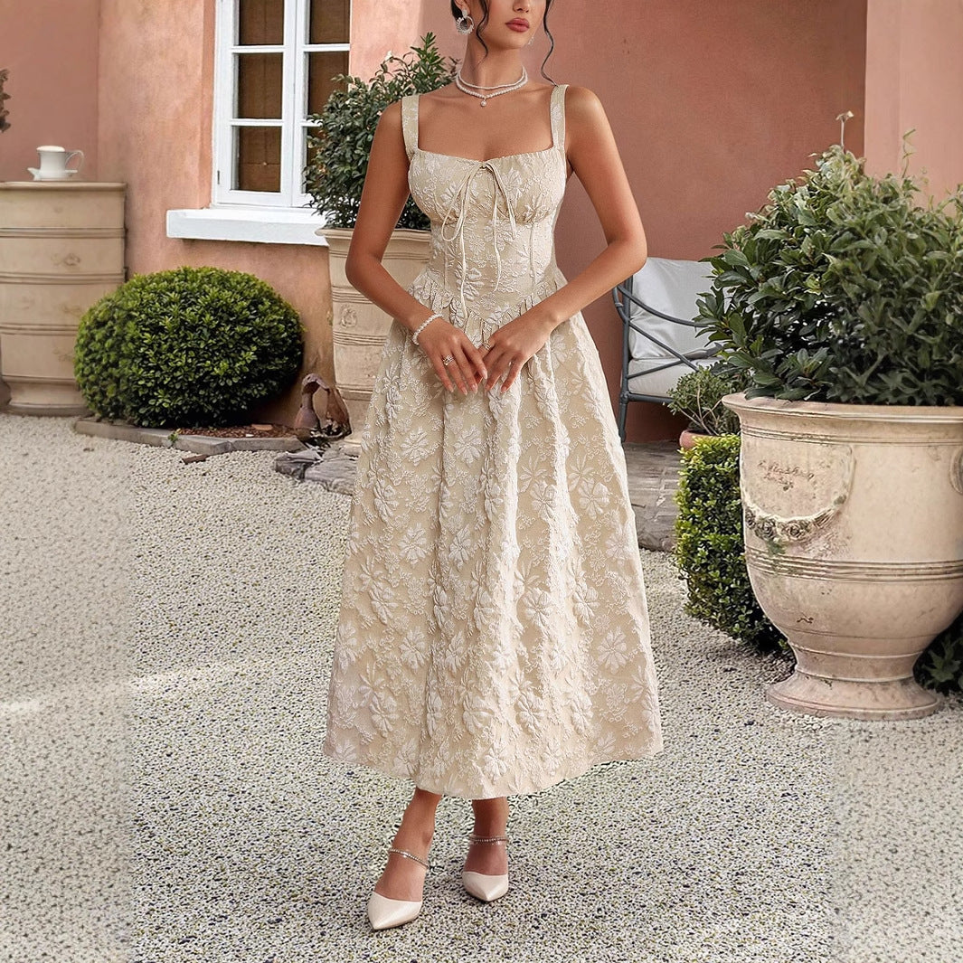 Embroidered suspender waistband dress